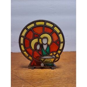 Metal Stained Glass Religious Christmas Nativity Scene Vtg Candle Holder